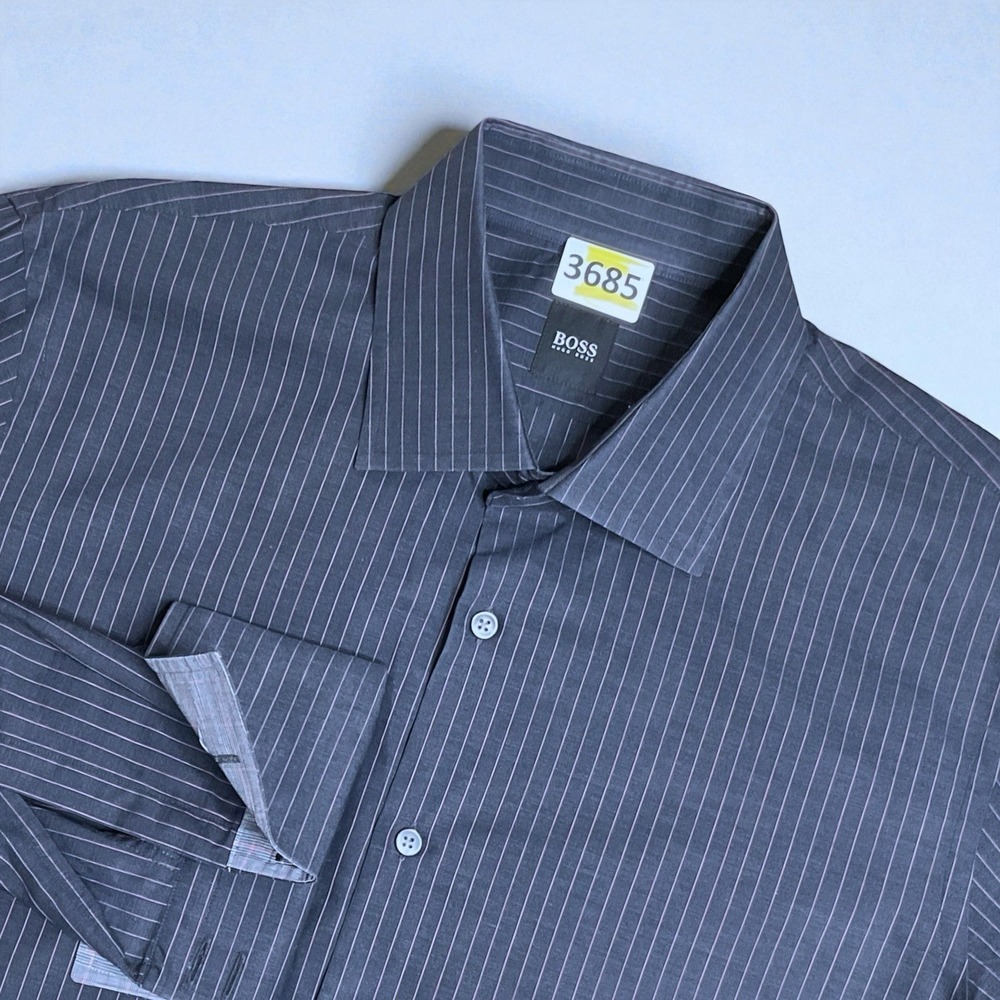 Hugo Boss Men Dress Shirt Button Up Long Sleeve French Cuff Regular Fit XL Black